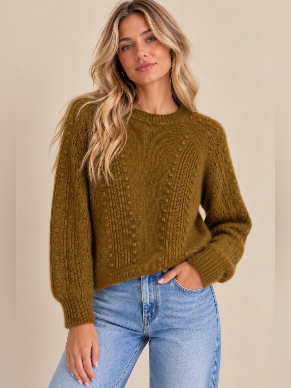 Sézane La Maille Mohair Openwork Pointelle Sweater Olive Brown